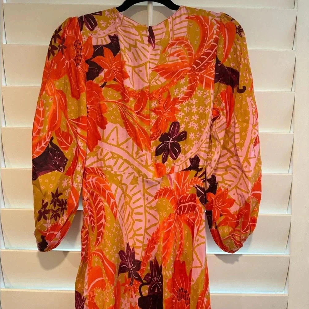FARM RIO NWT Jungle Panther Print Cinch Keyhole Puff Sleeve Midi Dress S - Picture 10 of 15